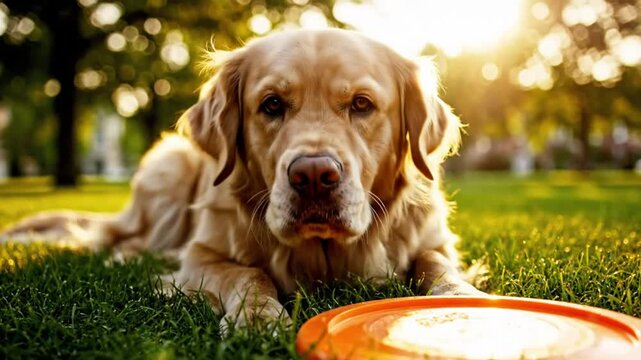 Golden Retriever dog rests on grass in a park, holding orange frisbee, sunlit with bokeh background