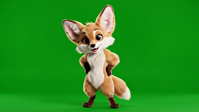 Cute Cartoon Fox Character on Green Screen - This video features a charming cartoon fox character standing confidently with its hands on its hips against a bright green screen backdrop.