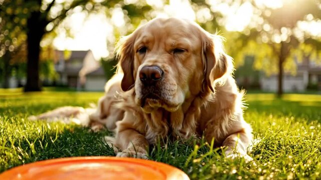 Golden Retriever relaxing in a sunny backyard with an orange frisbee in front of the dog