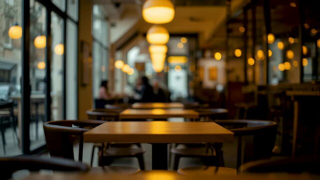 Empty Cafe Interior with Wooden Tables and Warm Pendant Lights Reflecting on Glass Windows in Cozy Modern Coffee Shop Setting