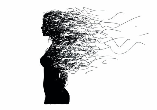 Abstract Silhouette of a Woman's Head Dissolving into Swirling Lines, Representing Thought or Memory Fade
