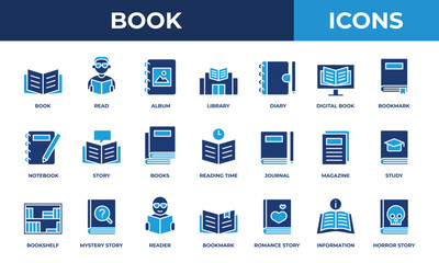 Book icon set. Contains solid blue icons related to reading, library, diary, notebook, and more.