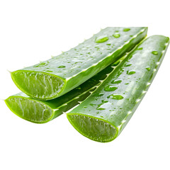 Plakat Aloe vera leaves with water droplets isolated on transparent background, juicy green slices symbolizing hydration, freshness, and natural skincare ingredients.