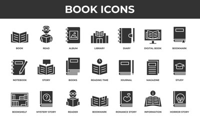 Book icon set. Contains solid icons related to reading, library, diary, notebook, and more.