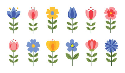 Obraz premium Colorful Flat Vector Flower Icon Set – Minimal Spring Floral Collection with Cute Cartoon Blossoms, Leaves and Stems Isolated on Light Background