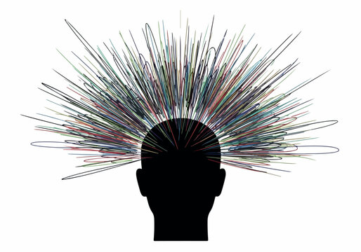 Explosion of colorful abstract lines radiating from a silhouette of a human head symbolizing creativity and ideas