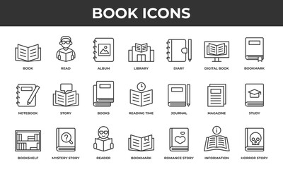 Book icon set. Contains line icons related to reading, library, diary, notebook, and more.