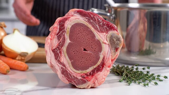 Raw meat on kitchen countertop ready.
