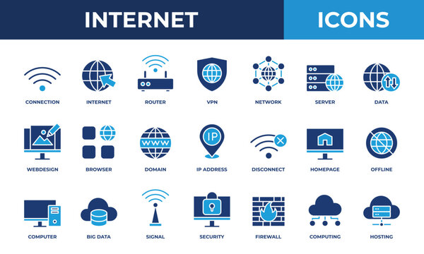 Internet icon set. Contains solid blue icons related to connection, network, server, data, and more.
