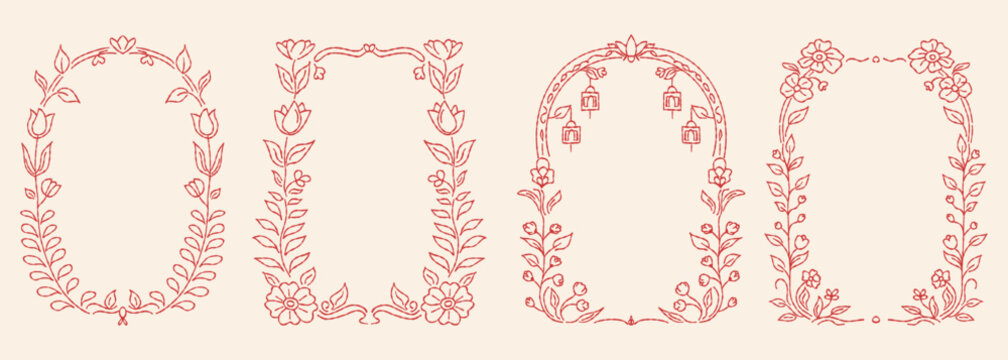 Vintage Whimsical floral frame border set hand drawn illustration with flowers, blooms, branch. Classic borders with swirl of  leaves and florals. Vector backgrounds for card, invitation, banner.     