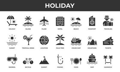 Holiday icon set. Contains solid icons related to holidays, hotels, sunsets, beaches, travel, and more.