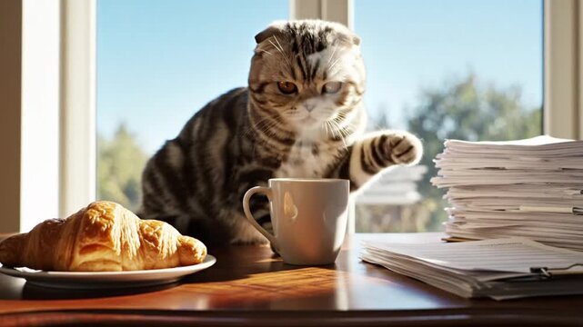 Morning Routine Scottish Fold Cat with Coffee Cup and Croissant on Office Desk near Window