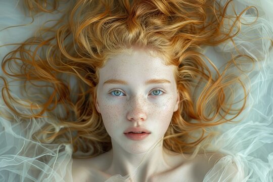 Portrait of a redhead fashion model lying down with her long hair spread out on a white veil