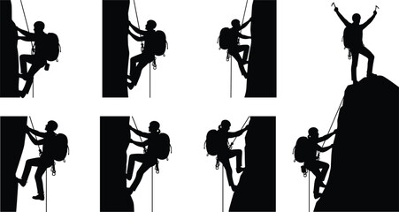 Rock climber silhouette collection showing mountaineering ascent with rope harness and backpack extreme sport adventure vector illustration set © Md Rofequl Islam