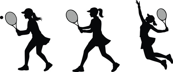Female tennis player silhouette set, woman athlete serving and hitting ball, sports active vector illustration © Murad