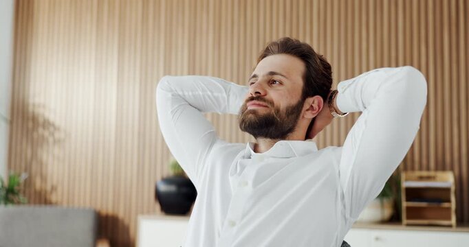 Employee, finished and man in office, stretching and relief after complete financial project or done. Corporate, accountant and person on break, rest and productivity for assignment and reflection