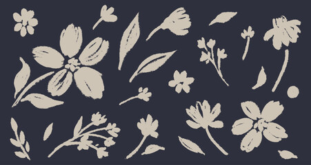 Obraz premium Abstract flowers and leaves drawn with an ink brush. White plant elements isolated on a black background. Hand drawn vector flower graphics