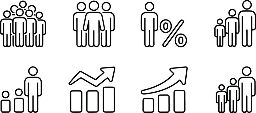 Population Growth Icon Outline Set  Percentage Figures & Data Symbols
