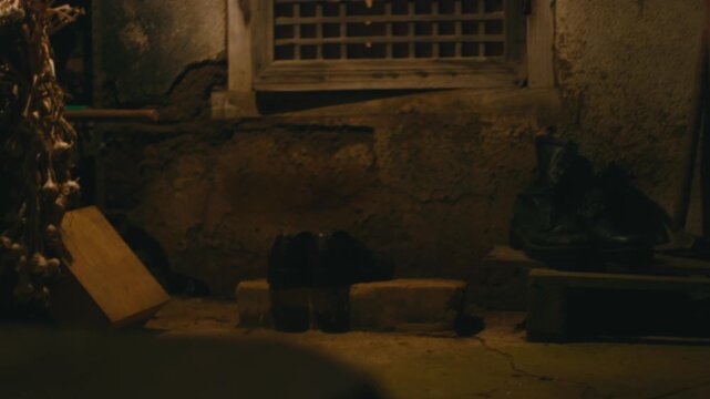 Dimly lit room with shoes and garlic