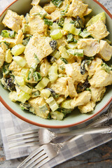 Healthy curry chicken salad with crispy celery stalk, green onions, raisins and spicy dressing close-up in a bowl on the table. Vertical top view from above