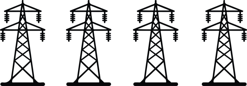 Four electrical transmission towers in different colors, featuring high voltage pylons and power line structures illustration