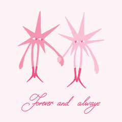 Valentine&rsquo;s trendy vector postcard with characters. Pink conceptional illustration with cute stars holding hands. Love theme hand drawn isolated romantic whimsical editable style pencil valentines day