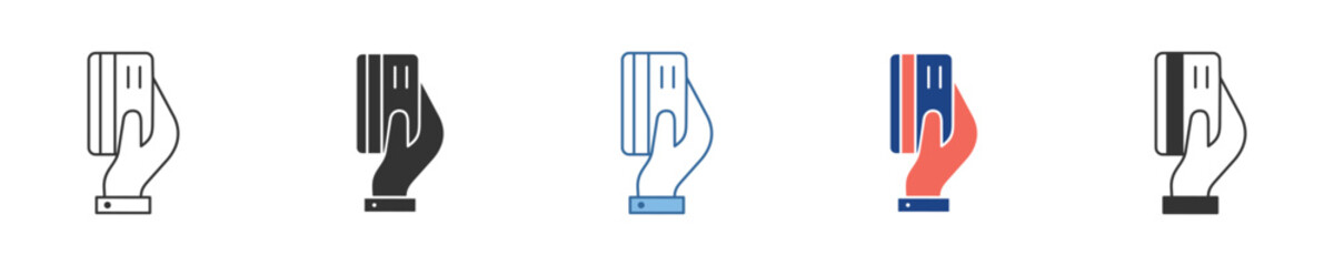 Obraz premium Diverse set of graphic icons illustrating a hand holding a credit card, representing the core concepts of secure digital payments, online transactions, and modern financial services