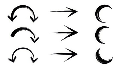 Obraz premium Set of three distinct black brush stroke arrows: curved pointing down, straight pointing right, and crescent shapes suggesting direction.