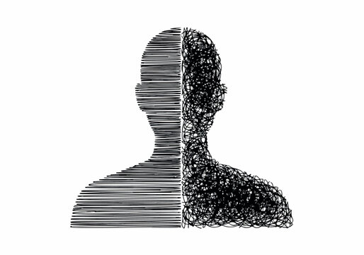 Abstract representation of a human head split into two contrasting halves, one with clean lines and the other with chaotic scribbles, symbolizing duality or inner conflict