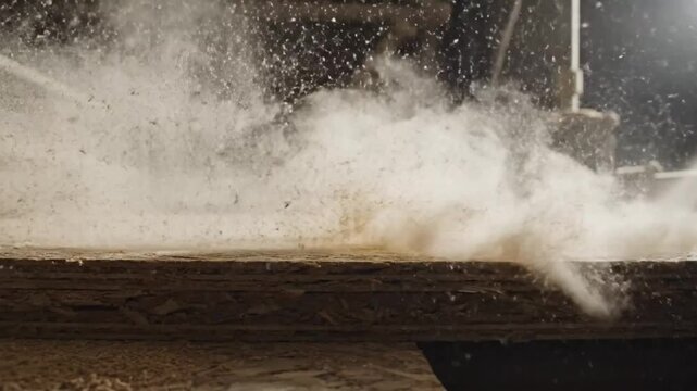 Industrial process of applying liquid or spray to oriented strand board creating a cloud of dust