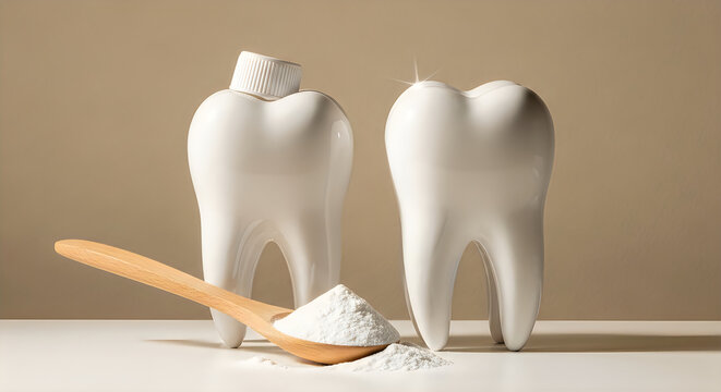 Two white teeth models with toothpaste and wooden spoon of powder on table