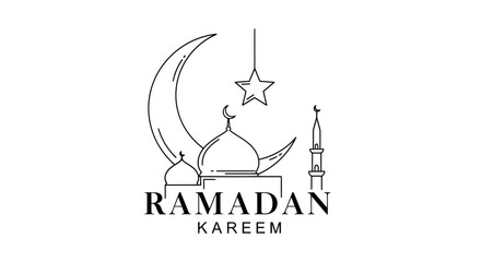 Obraz premium Celebrating Ramadan with mosque, crescent, star, and minaret in simple line art illustration