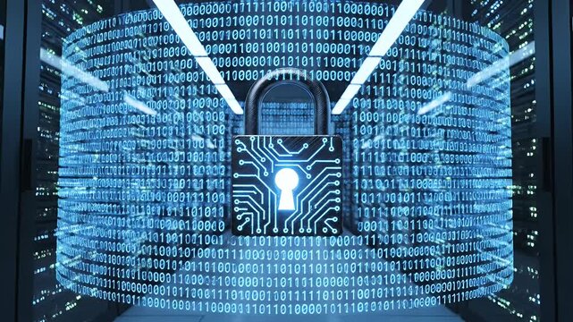 Digital Padlock in Server Room Representing Cybersecurity - A digital padlock with a circuit board design hovers in a server room, symbolizing cybersecurity and data protection.