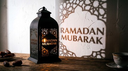 Ramadan Mubarak lantern on wooden table with dates and tea warm lighting and festive shadow