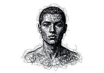 Expressive Scribble Portrait of a Young Man's Face, Capturing Intense Gaze and Detailed Features Through Abstract Linework