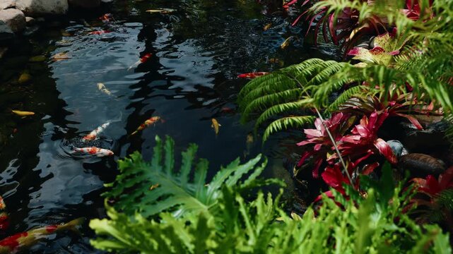 Gentle lateral pan following colorful koi swimming across backyard tropical garden pond with lush ferns and red bromeliads for relaxation background.