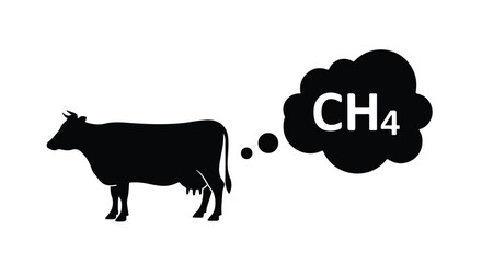 Black Silhouette Cow Emitting Methane CH4 Gas Cloud