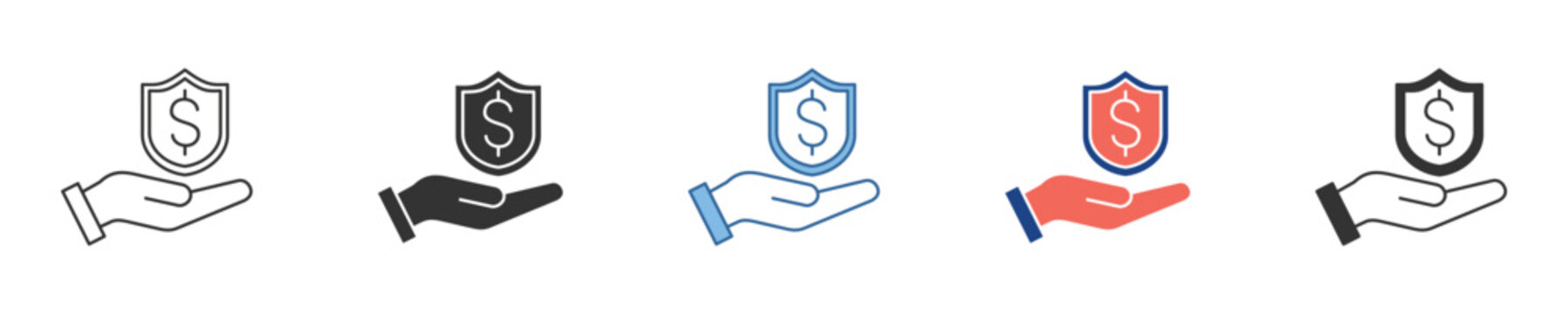Financial protection vector icons illustrating a hand holding a dollar shield, symbolizing secure investment, comprehensive insurance, and robust monetary safeguards