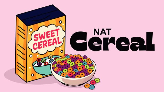 National Cereal Day themed footage featuring sweet cereal box and vibrant bowl on soft pink background. Ideal for breakfast promotions, food marketing, grocery ads and festive campaigns.