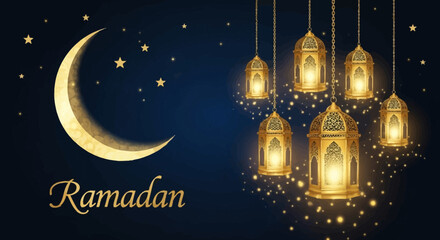 Celebrating Ramadan with crescent moon and lanterns in a starry night sky