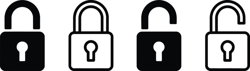 Padlock security icon set, open and closed lock privacy symbol outline and solid vector illustration