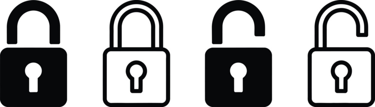 Padlock security icon set, open and closed lock privacy symbol outline and solid vector illustration