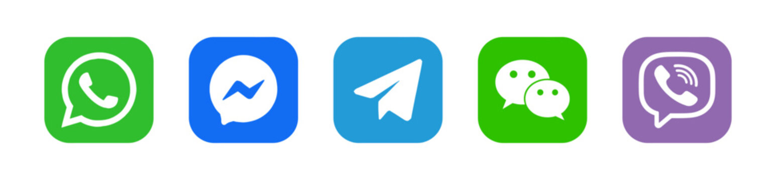 Popular messaging apps logos set featuring WhatsApp, Messenger, Telegram, WeChat and Viber. Social media chat & communication icons.