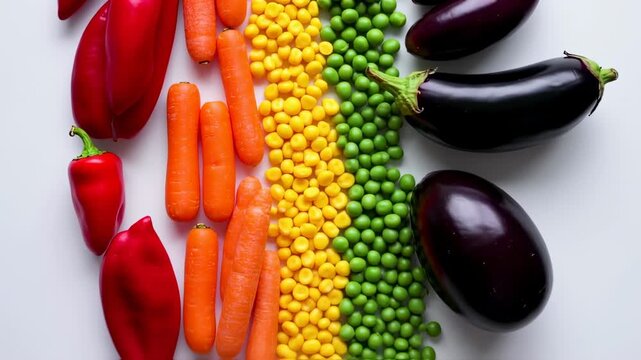 Colorful vegetables arranged in a rainbow pattern on a white background