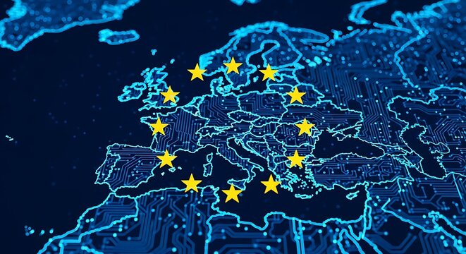 Digital map of Europe with glowing circuits, highlighted countries, and yellow stars