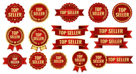 A collection of red top seller badges and ribbons in various designs and styles.