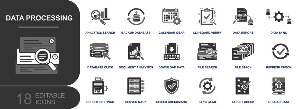 Data processing icon set. Containing analytics search, backup database, data report, sync, download and upload, file stack, server rack, verification, refresh check and more. Solid fill vector icons c