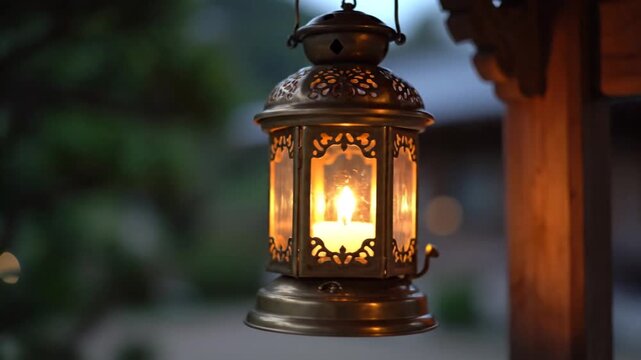 Glowing Vintage Lantern with Candlelight in a Natural Outdoor Setting