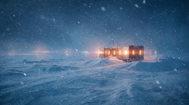 Remote polar expedition base glowing in a frozen winter landscape