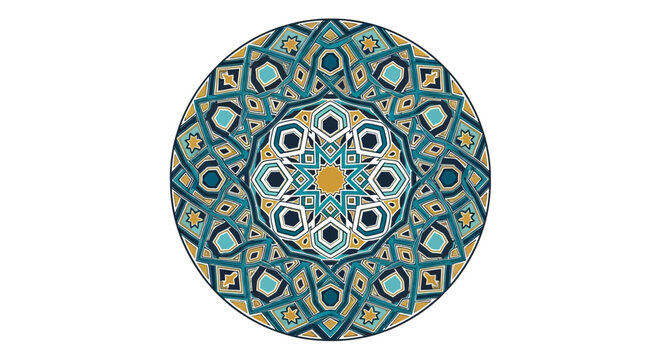Intricate Islamic pattern illustration featuring ramadhan motifs in a circular mandala design viewed from directly above